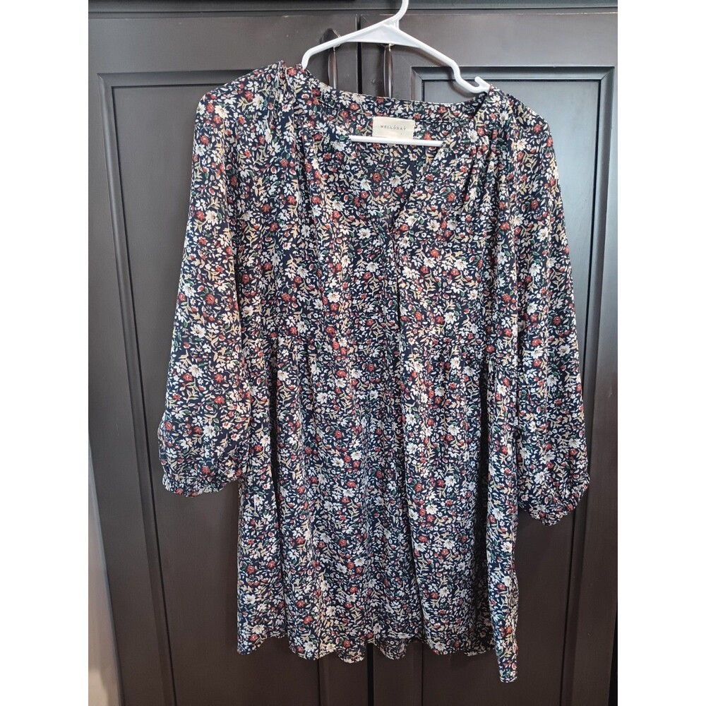 Melloday Wmns Size S Floral 3/4 Slv Baby Doll Top Navy Floral Boho Cottage Core